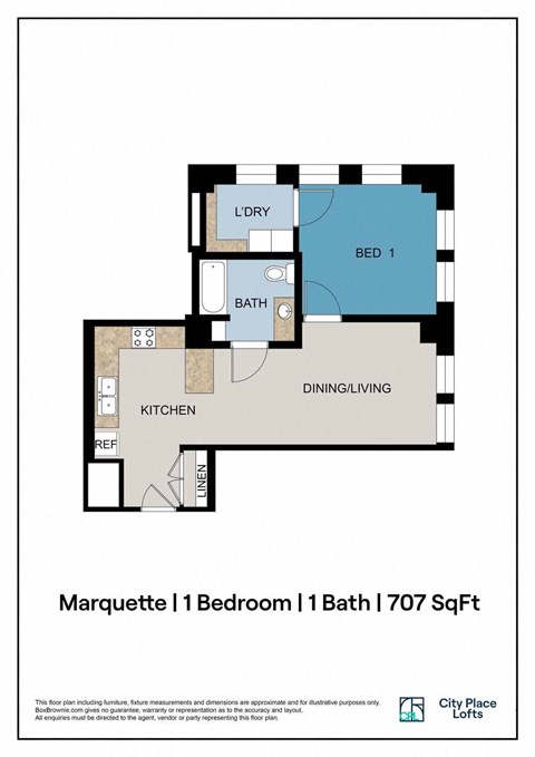 Floor plan for 1 bed, 1 bath, 707 sqft